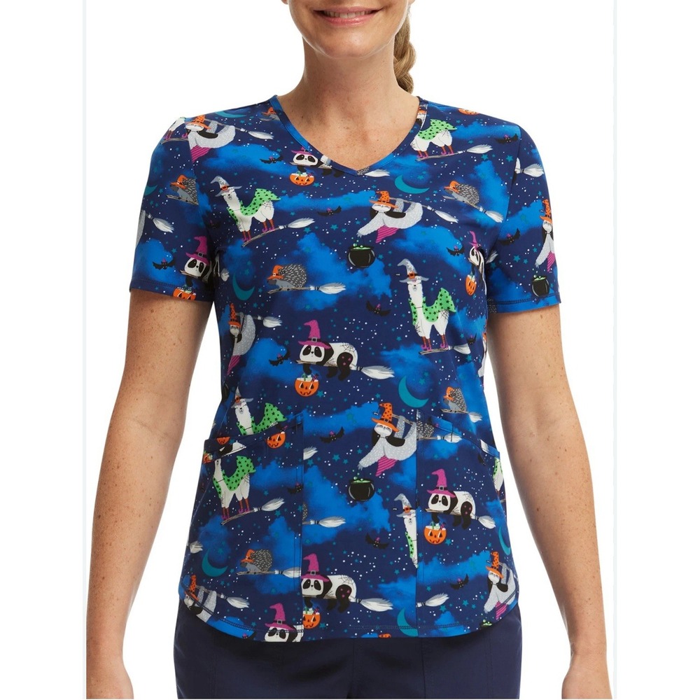 Scrubstar Women's Halloween V-Neck Scrub Top M Sloth Llama Witch Spooky